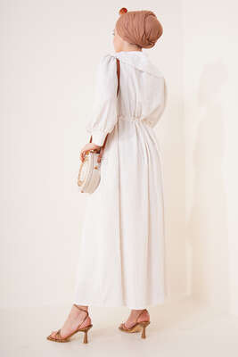 Güpürlü Bebe Yaka Keten Elbise Ekru - Tesettür Elbise