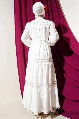 Güpürlü Boydan Düğmeli Elbise Beyaz - Tesettür Elbise