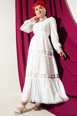 Güpürlü Boydan Düğmeli Elbise Beyaz - Tesettür Elbise