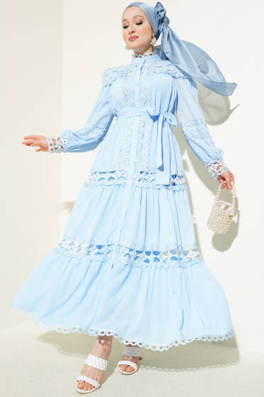 Güpürlü Boydan Düğmeli Elbise Mavi - Elbise