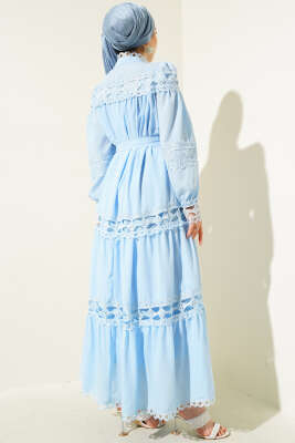 Güpürlü Boydan Düğmeli Elbise Mavi - Tesettür Elbise