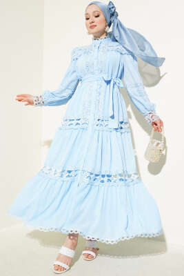 Güpürlü Boydan Düğmeli Elbise Mavi - Tesettür Elbise