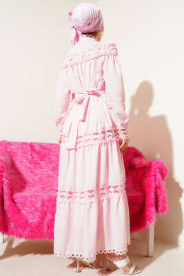 Güpürlü Boydan Düğmeli Elbise Pembe - Tesettür Elbise