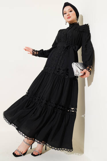 Güpürlü Boydan Düğmeli Elbise Siyah - Elbise