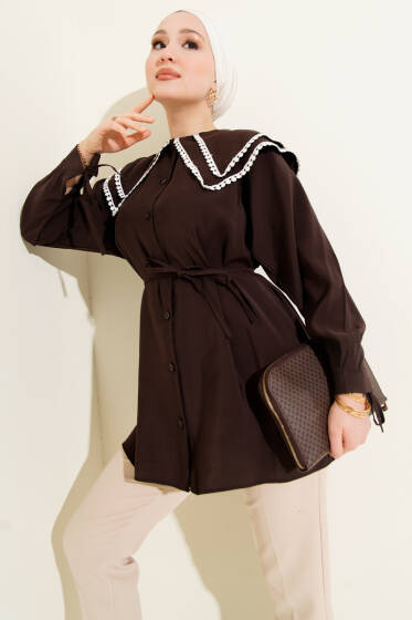 Güpürlü Çift Denizci Yaka Gömlek Acı Kahve - Gömlek