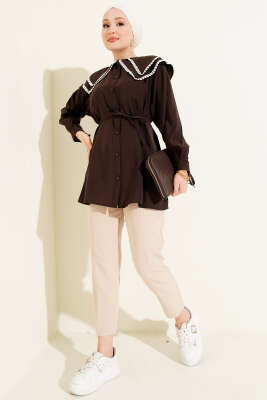 Güpürlü Çift Denizci Yaka Gömlek Acı Kahve - Gömlek