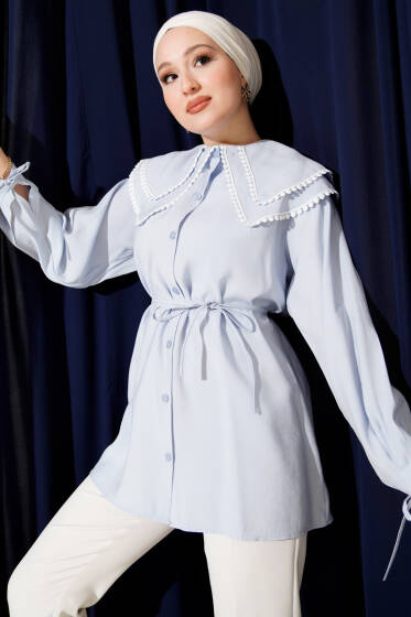 Güpürlü Çift Denizci Yaka Gömlek Bebe Mavi - Gömlek