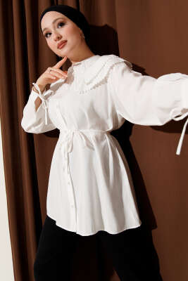 Güpürlü Çift Denizci Yaka Gömlek Ekru - DUFON