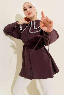 Güpürlü Çift Denizci Yaka Gömlek Magenta - DUFON