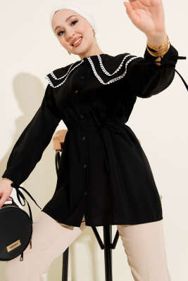 Güpürlü Çift Denizci Yaka Gömlek Siyah - DUFON