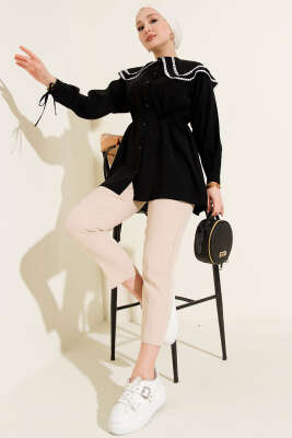 Güpürlü Çift Denizci Yaka Gömlek Siyah - Gömlek