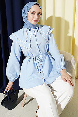 Güpürlü Çift Denizci Yakalı Gömlek Bebe Mavi - TEGOE