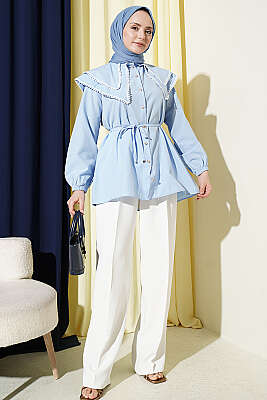 Güpürlü Çift Denizci Yakalı Gömlek Bebe Mavi - Gömlek