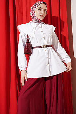 Güpürlü Çift Denizci Yakalı Gömlek Beyaz - TEGOE