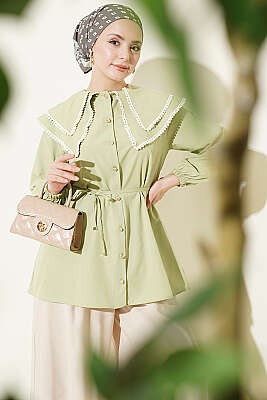 Güpürlü Çift Denizci Yakalı Gömlek Çağla Yeşili - TEGOE