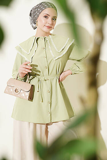 Güpürlü Çift Denizci Yakalı Gömlek Çağla Yeşili - Gömlek