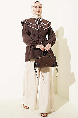 Güpürlü Çift Denizci Yakalı Gömlek Kahve - Gömlek