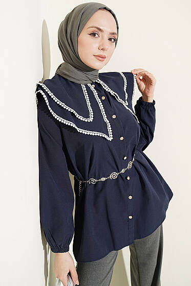 Güpürlü Çift Denizci Yakalı Gömlek Lacivert - Gömlek