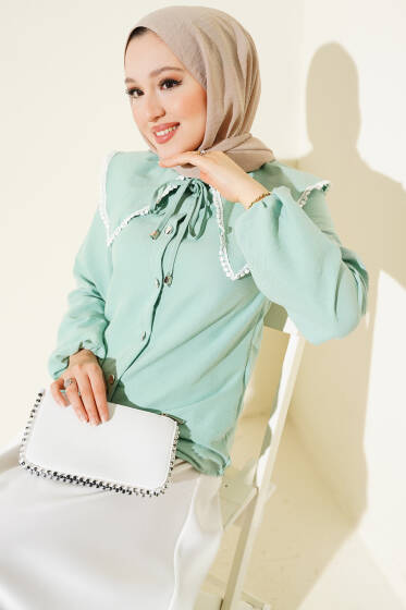 Güpürlü Denizci Yaka Kısa Gömlek Çağla Yeşili - Gömlek