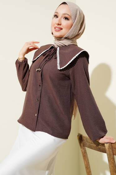 Güpürlü Denizci Yaka Kısa Gömlek Kahve - Gömlek