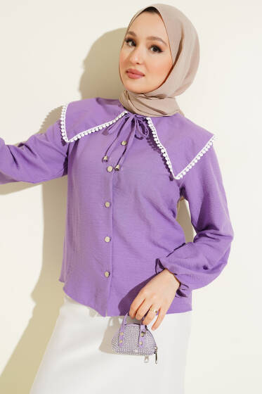 Güpürlü Denizci Yaka Kısa Gömlek Lila - 300-500 TL Ürünler