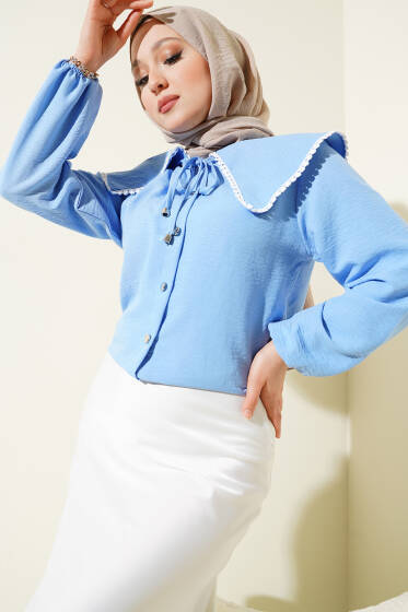 Güpürlü Denizci Yaka Kısa Gömlek Mavi - Gömlek