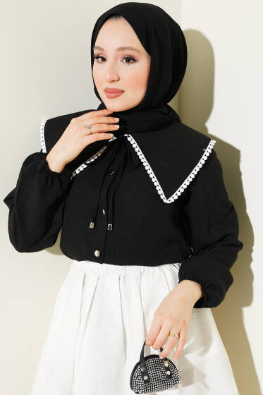 Güpürlü Denizci Yaka Kısa Gömlek Siyah - Gömlek