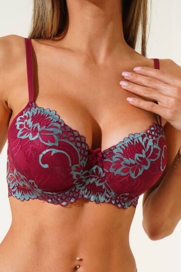 Güpürlü Destekli Sütyen Bordo Turkuaz - Destekli / Push Up Sütyen