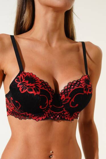 Güpürlü Desteksiz Sütyen Siyah Kırmızı - Desteksiz Sütyen