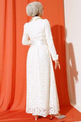 Güpürlü Garnili Elbise Ekru - Tesettür Elbise