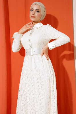 Güpürlü Garnili Elbise Ekru - HEWES