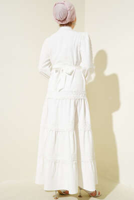 Güpürlü Önden Düğmeli Elbise Beyaz - Tesettür Elbise