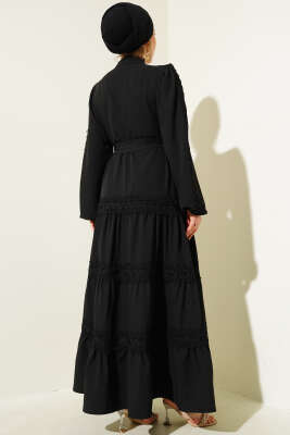 Güpürlü Önden Düğmeli Elbise Siyah - Tesettür Elbise