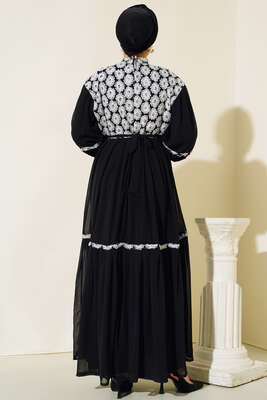Güpürlü Şifon Elbise Siyah Beyaz - Thumbnail