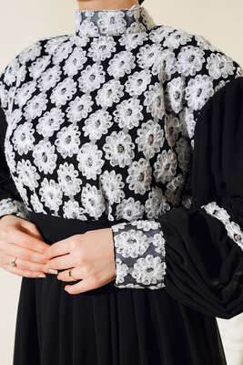 Güpürlü Şifon Elbise Siyah Beyaz - Thumbnail