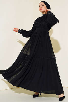 Güpürlü Şifon Elbise Siyah - Thumbnail