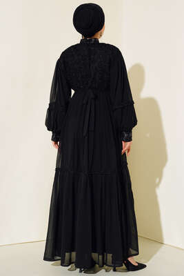 Güpürlü Şifon Elbise Siyah - Thumbnail