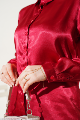 Hafif Dökümlü Saten Gömlek Bordo - Gömlek