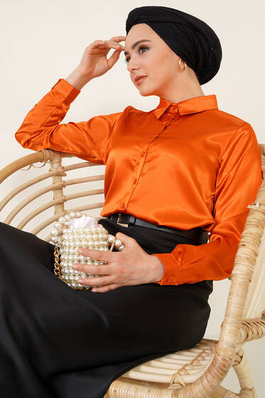 Hafif Dökümlü Saten Gömlek Oranj - Tunik