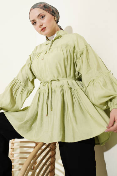 Hakim Yaka Bel İpli Tunik Çağla Yeşili - Tunik