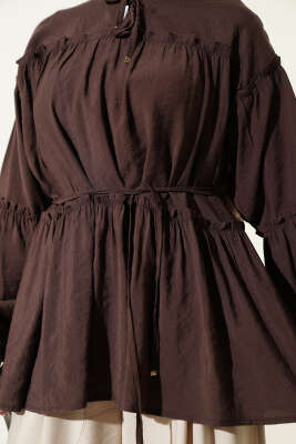 Hakim Yaka Bel İpli Tunik Kahve - Tunik