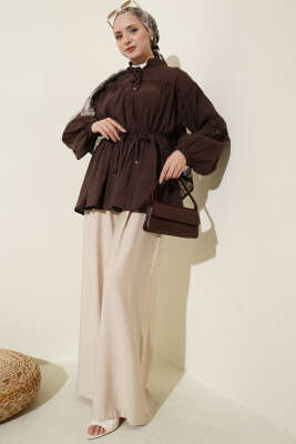 Hakim Yaka Bel İpli Tunik Kahve - Tunik