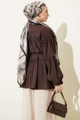 Hakim Yaka Bel İpli Tunik Kahve - Tunik