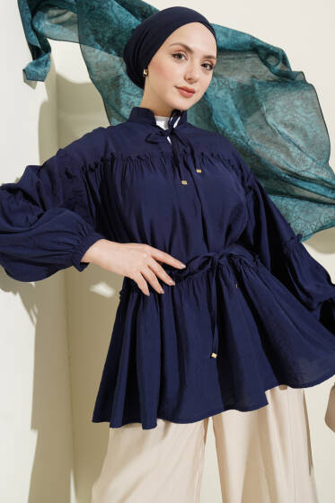 Hakim Yaka Bel İpli Tunik Lacivert - Tunik