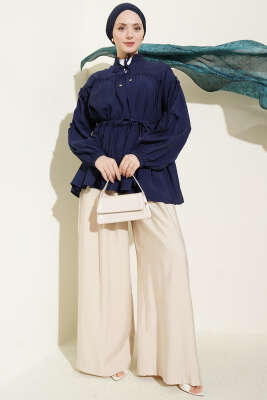 Hakim Yaka Bel İpli Tunik Lacivert - Tunik