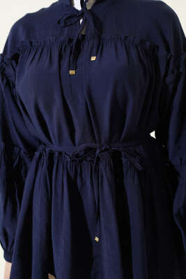 Hakim Yaka Bel İpli Tunik Lacivert - Tunik