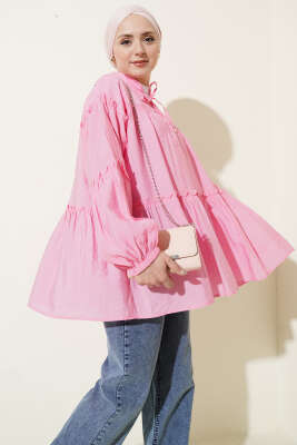 Hakim Yaka Bel İpli Tunik Pembe - TABLO FASHİON