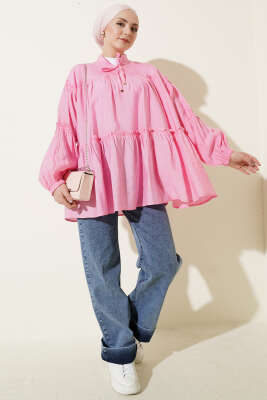 Hakim Yaka Bel İpli Tunik Pembe - Tunik