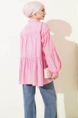 Hakim Yaka Bel İpli Tunik Pembe - Tunik