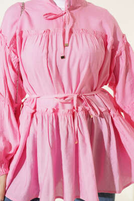 Hakim Yaka Bel İpli Tunik Pembe - Tunik